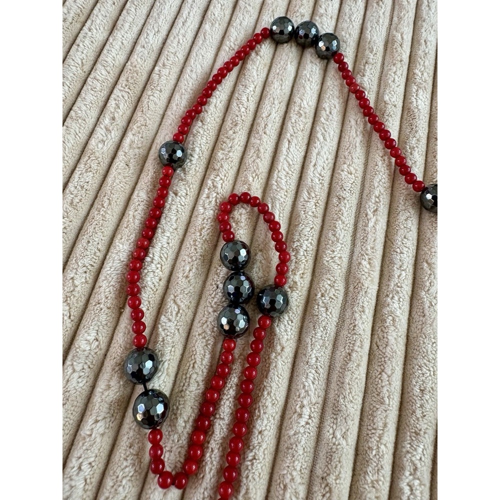 Vintage Hematite And Red Coral Beaded Necklace 18 in Heavy High Quality